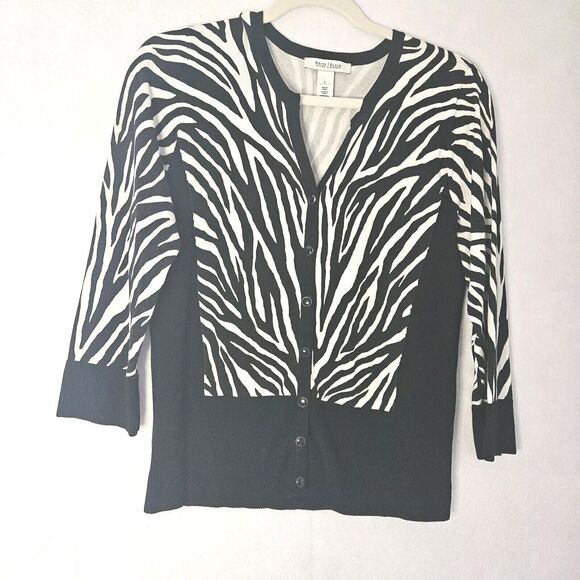 WHITE HOUSE BLACK MARKET Sz L Zebra Cardigan 3/4 Sleeve Button Accent - Picture 1 of 5